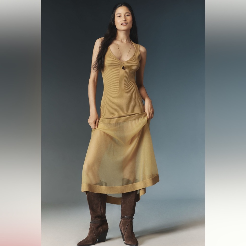 Anthropologie Glam Sheer Panel Ribbed Maxi Sweater Gold Dress NWT M Formal - Picture 5 of 10